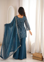 Lorenvalley Fashion Rama Crunchy Silk With Embroidery Sequence Jari Work Kurta Bell Bottom Pant With Dupatta | Grocsy