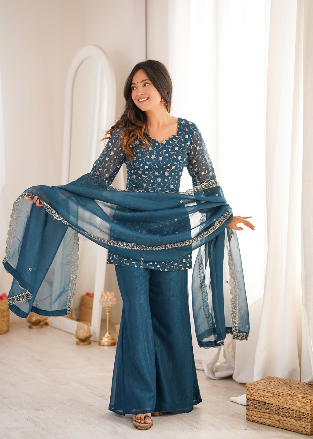 Lorenvalley Fashion Rama Crunchy Silk With Embroidery Sequence Jari Work Kurta Bell Bottom Pant With Dupatta | Grocsy