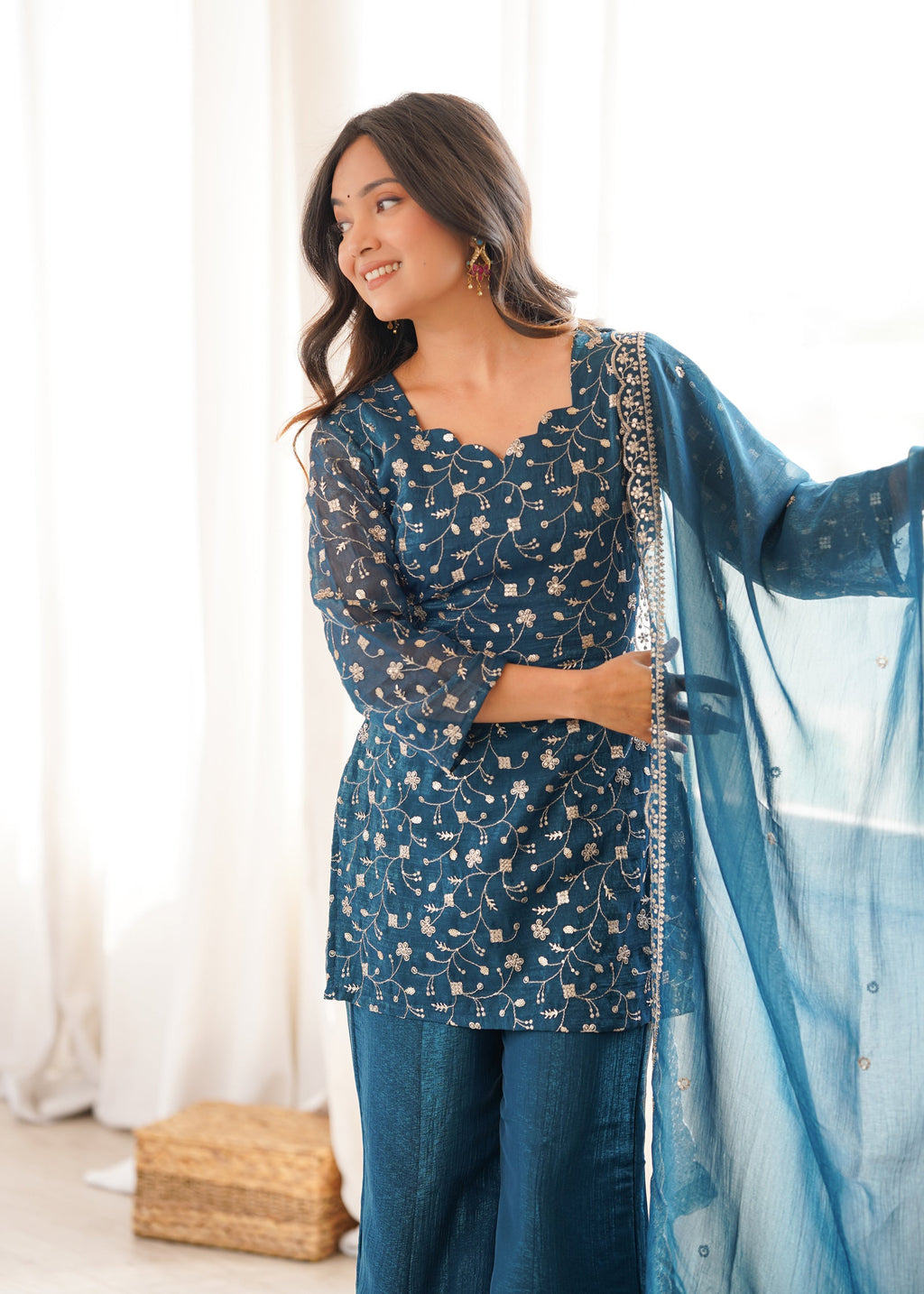 Lorenvalley Fashion Rama Crunchy Silk With Embroidery Sequence Jari Work Kurta Bell Bottom Pant With Dupatta | Grocsy