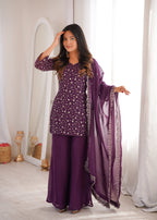 Lorenvalley Fashion Wine Crunchy Silk with Embroidery Sequence Jari work Kurta Bell Bottom Pant with Dupatta | Grocsy