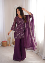 Lorenvalley Fashion Wine Crunchy Silk with Embroidery Sequence Jari work Kurta Bell Bottom Pant with Dupatta | Grocsy