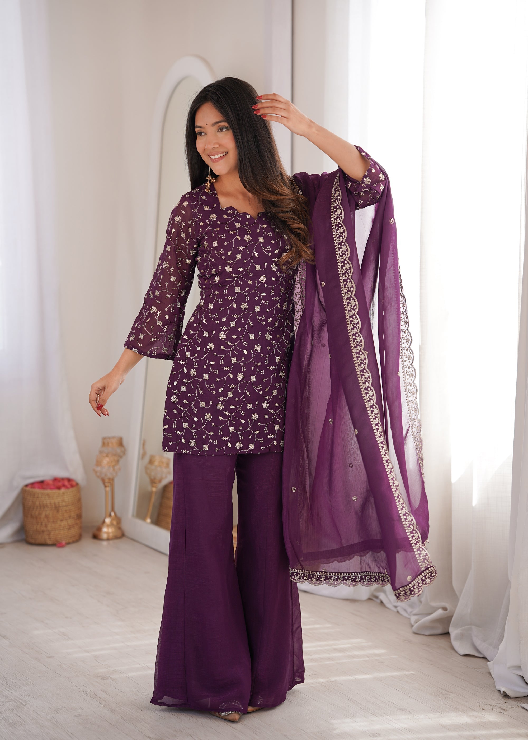 Lorenvalley Fashion Wine Crunchy Silk with Embroidery Sequence Jari work Kurta Bell Bottom Pant with Dupatta | Grocsy