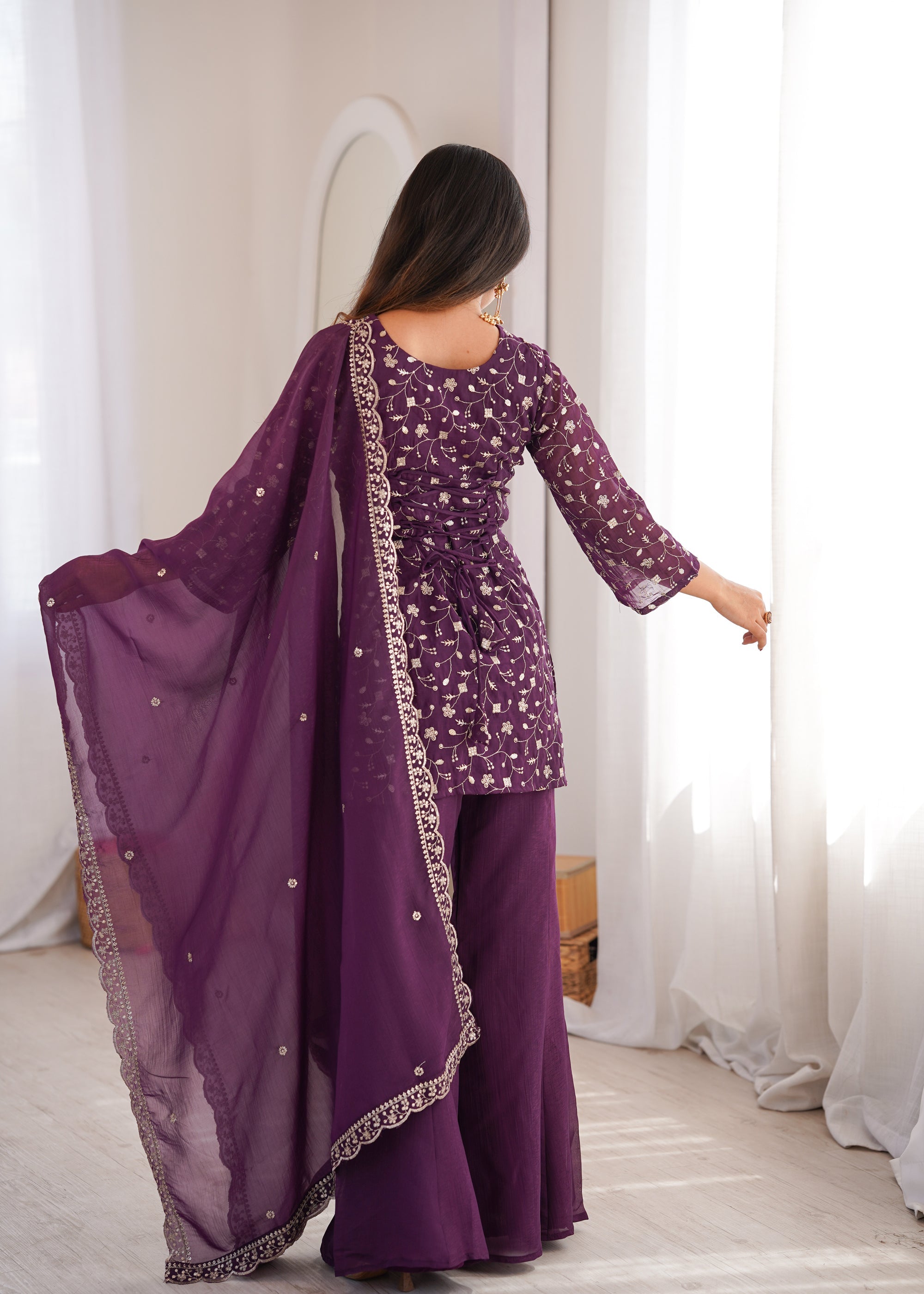 Lorenvalley Fashion Wine Crunchy Silk with Embroidery Sequence Jari work Kurta Bell Bottom Pant with Dupatta | Grocsy