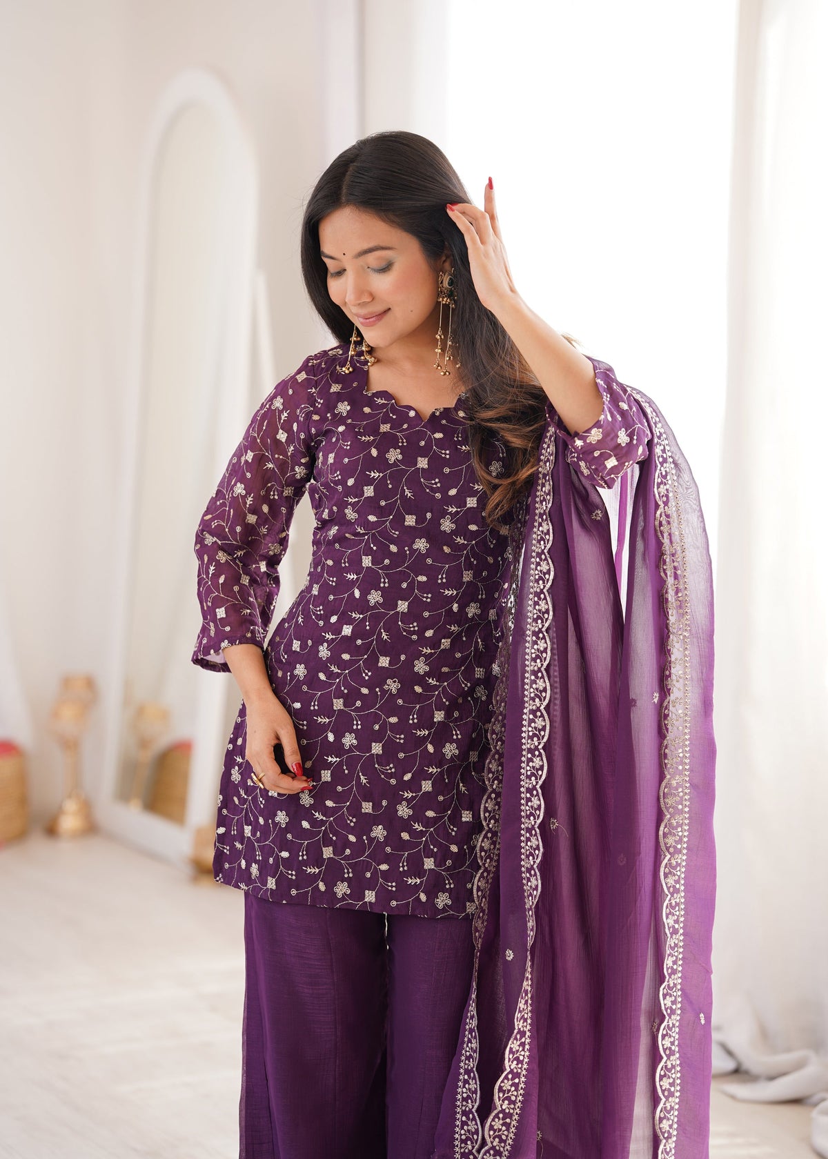Lorenvalley Fashion Wine Crunchy Silk with Embroidery Sequence Jari work Kurta Bell Bottom Pant with Dupatta | Grocsy