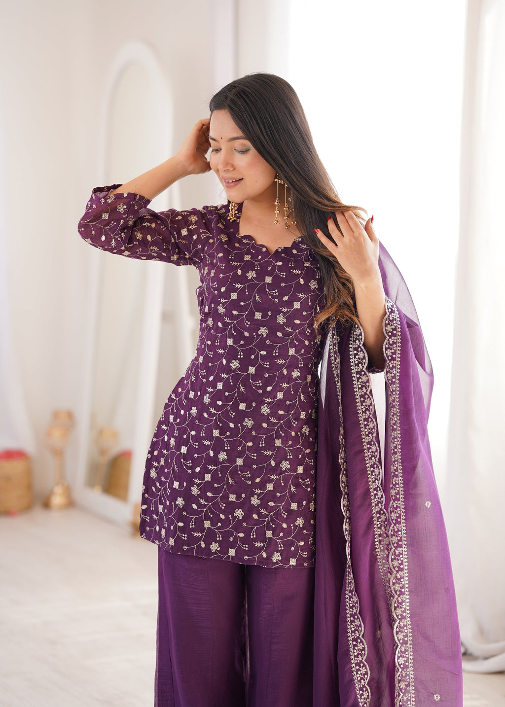 Lorenvalley Fashion Wine Crunchy Silk with Embroidery Sequence Jari work Kurta Bell Bottom Pant with Dupatta | Grocsy
