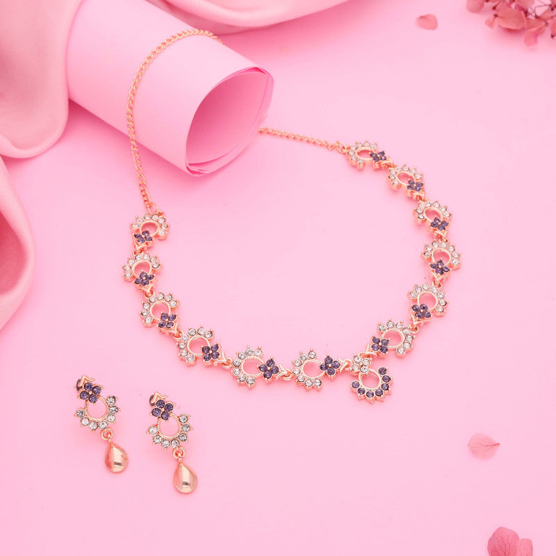 Tehzeeb Creations Gold-Polished Lavender Diamond Necklace With Earrings | Grocsy