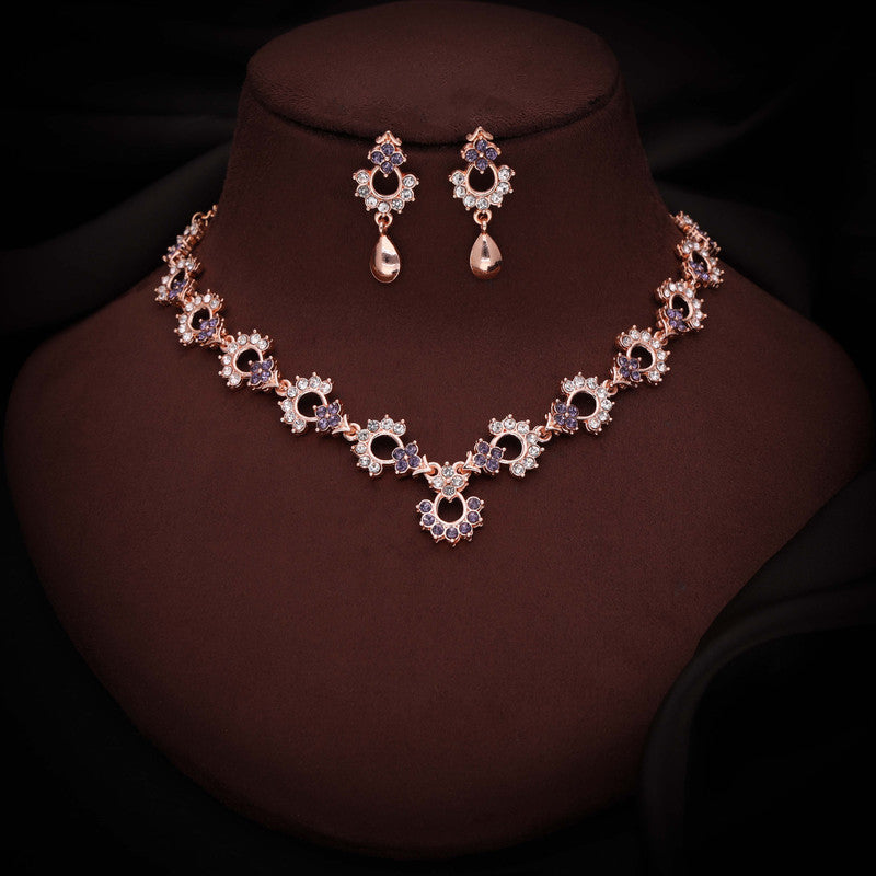 Tehzeeb Creations Gold-Polished Lavender Diamond Necklace With Earrings | Grocsy