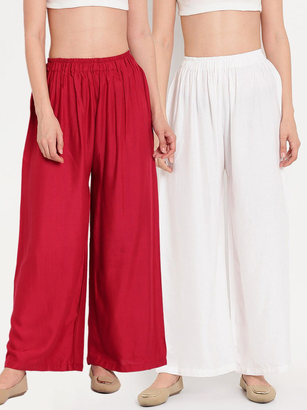 TAG 7 Women White & Maroon Set of 2 Flared Ethnic Palazzos | Grocsy