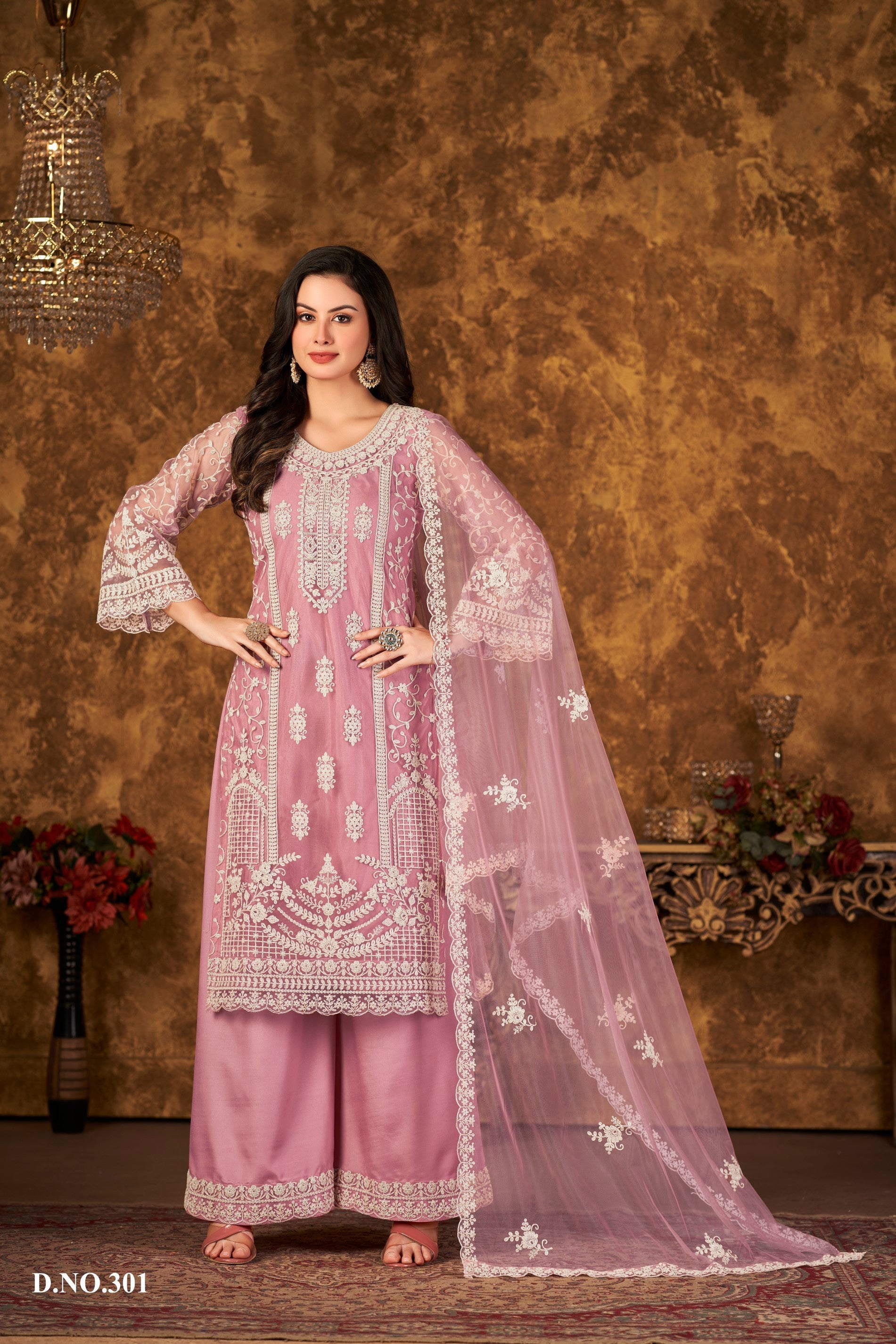 Anaita Pink Embroidered Net Plazzo Suit | Grocsy