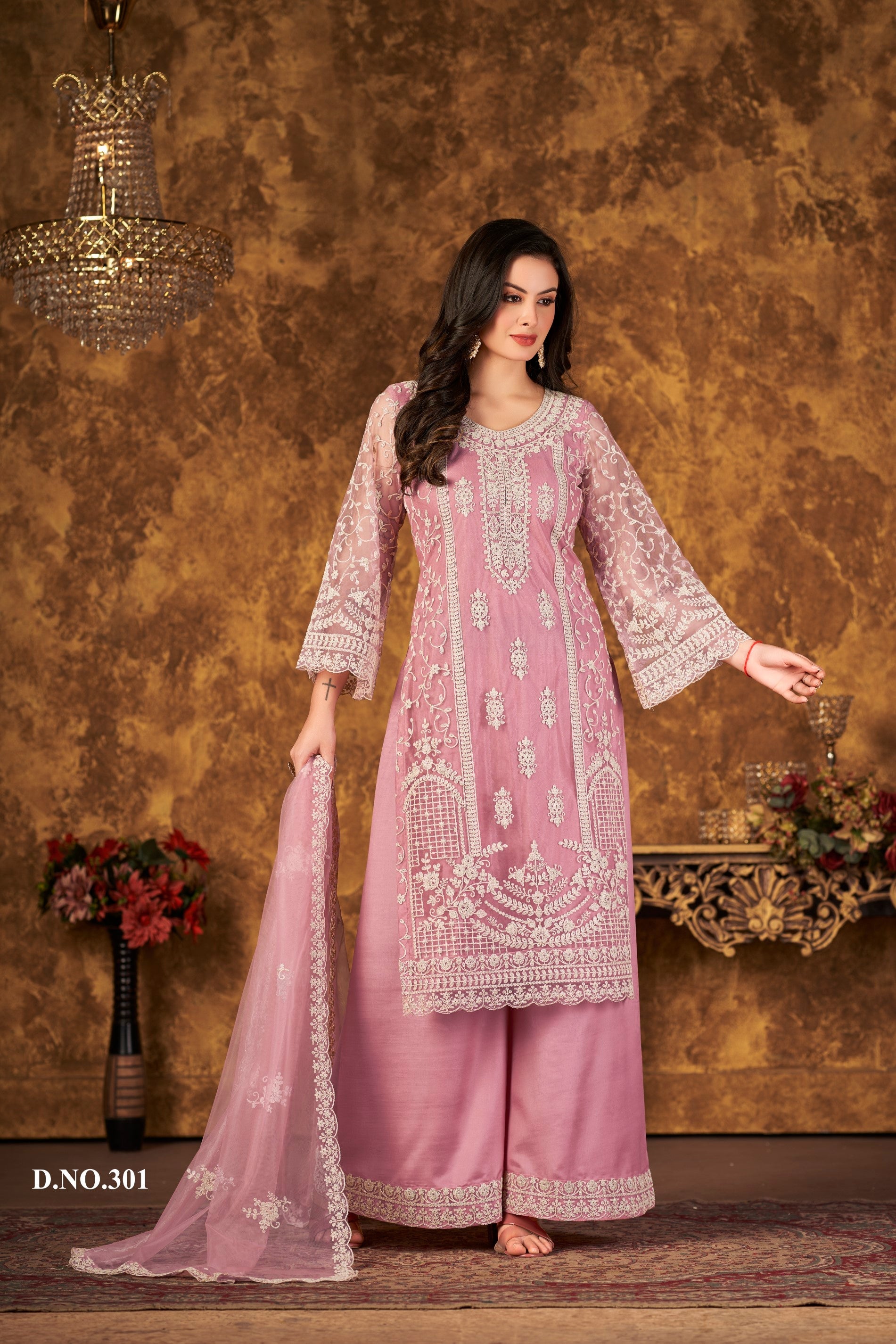Anaita Pink Embroidered Net Plazzo Suit | Grocsy