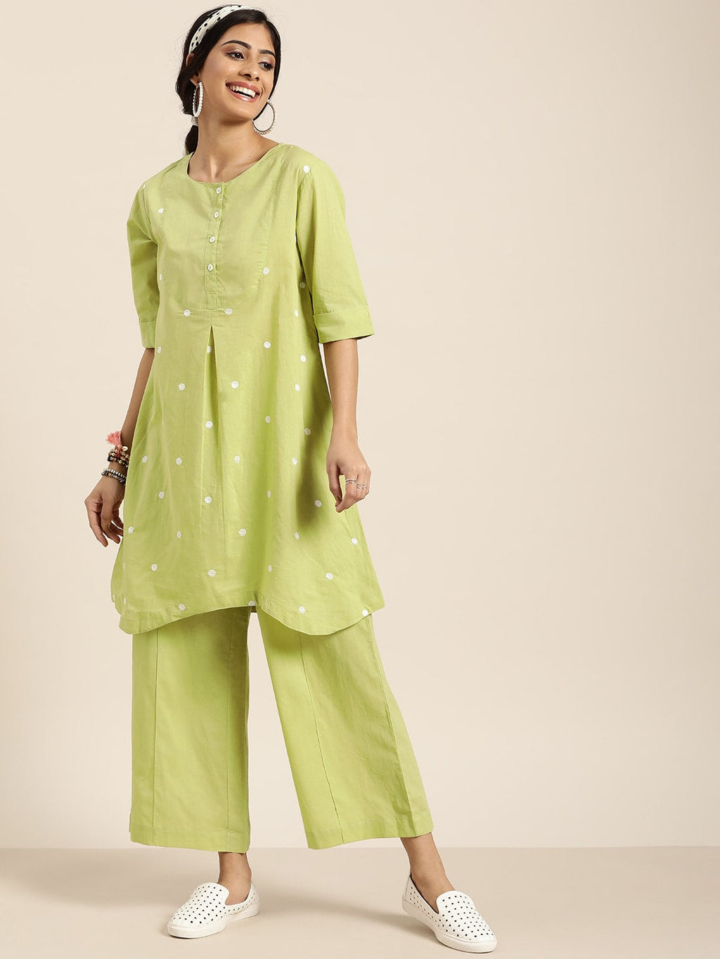 Sangria Women Green & White Embroidered Pure Cotton Asymmetric Kurta with Palazzos | Grocsy