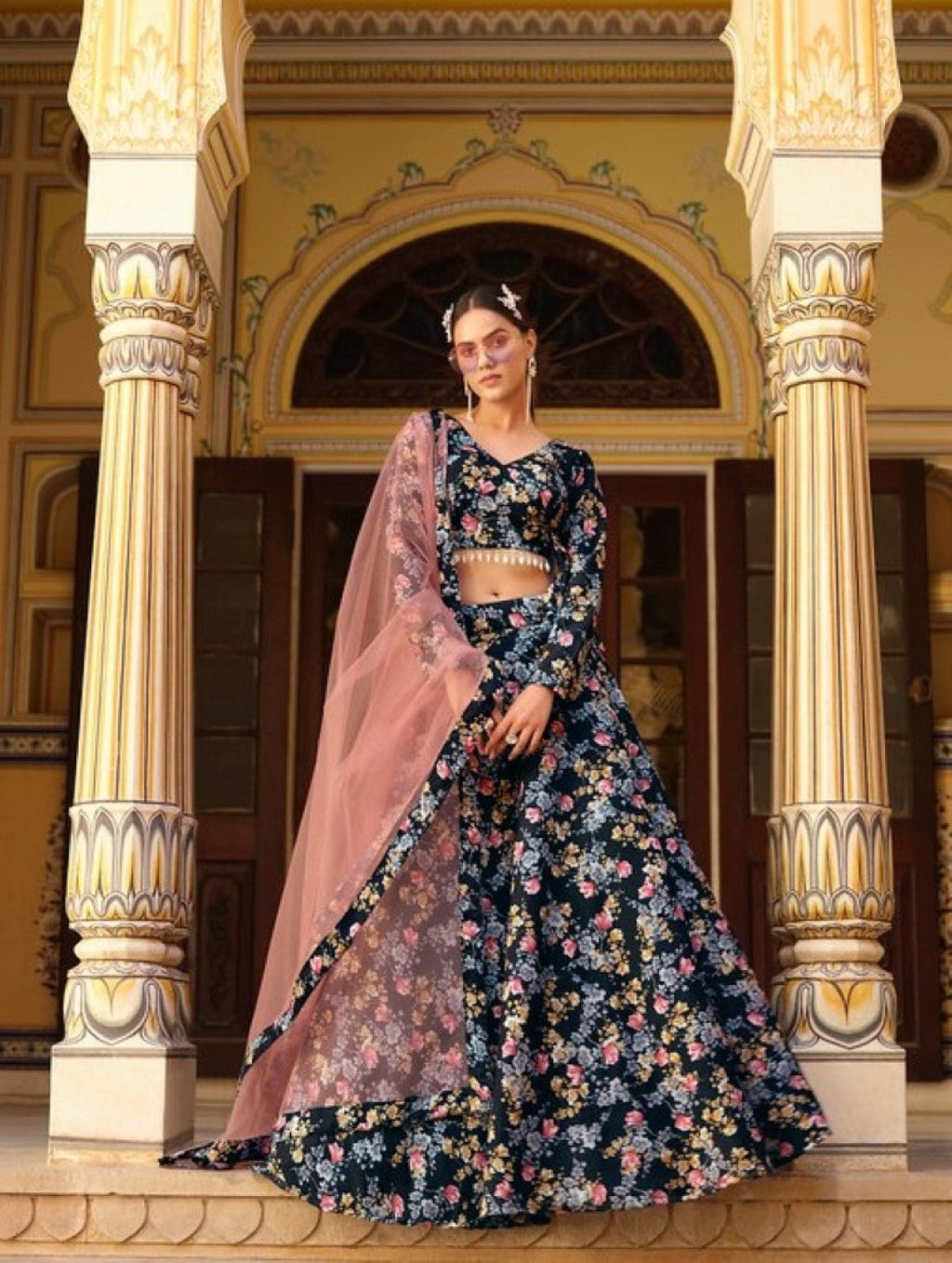 Anaita Black Silk Lehenga Choli With Floral Printed Work | Grocsy