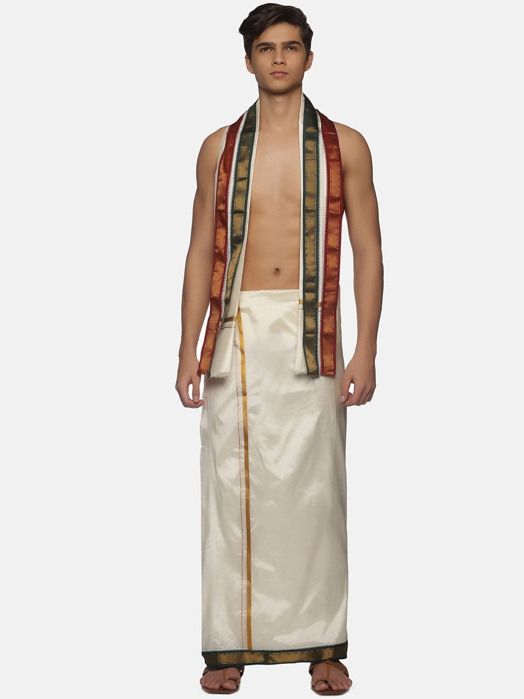Sethukrishna Men Cream-Coloured Solid Dhotis With Angavastram | Grocsy