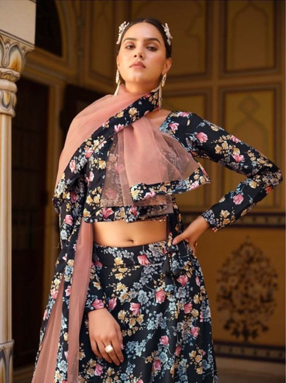Anaita Black Silk Lehenga Choli With Floral Printed Work | Grocsy
