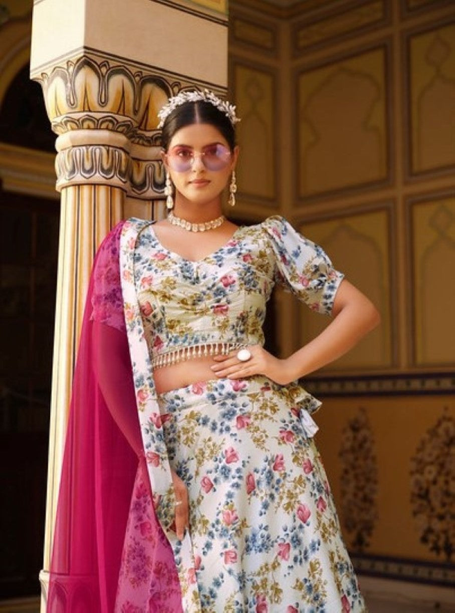 Anaita White Silk Lehenga Choli With Floral Printed Work | Grocsy
