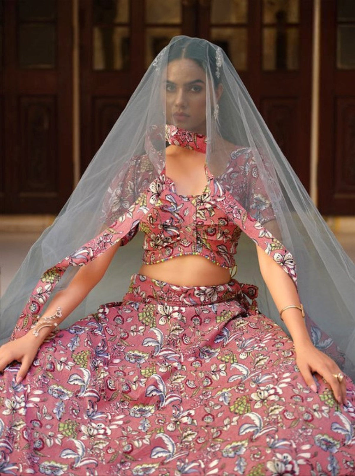 Anaita Peach Silk Lehenga Choli With Floral Printed Work | Grocsy