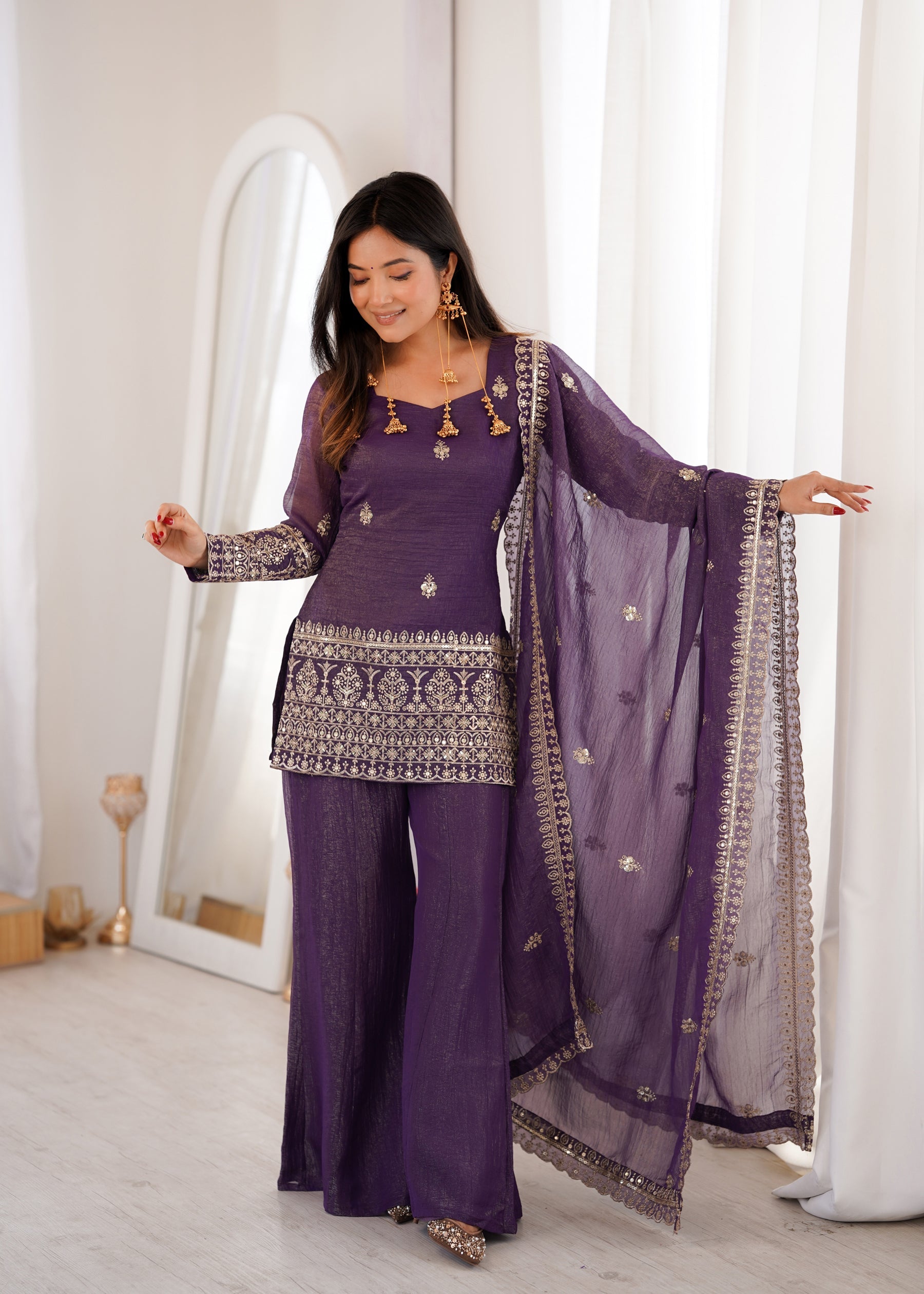 Lorenvalley Fashion Purple Crunchy Silk With Embroidery Sequence And Jari Work Kurta Bell Bottom Pant With Dupatta | Grocsy