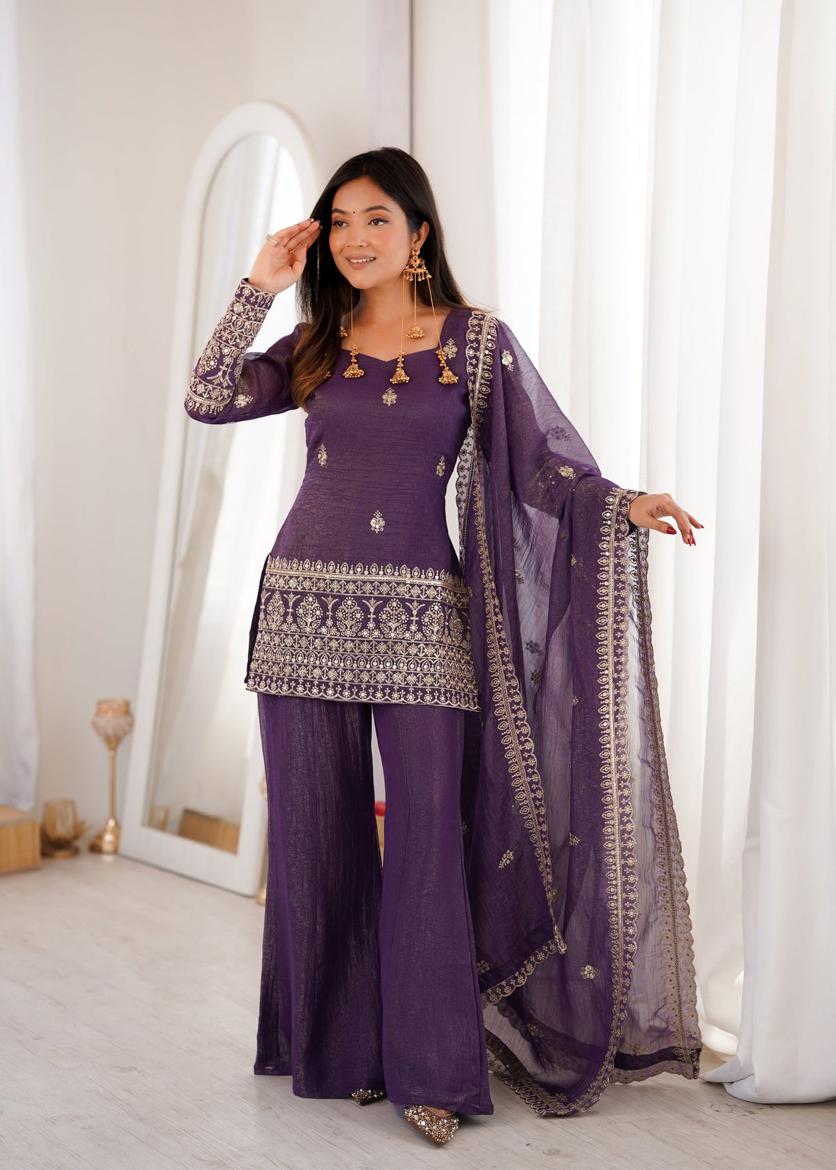 Lorenvalley Fashion Purple Crunchy Silk With Embroidery Sequence And Jari Work Kurta Bell Bottom Pant With Dupatta | Grocsy