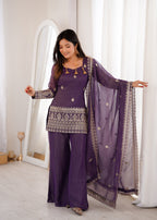 Evanik Purple Crunchy Silk Embroidery Sequins and Zari Work Kurta Pants with Dupatta | Grocsy