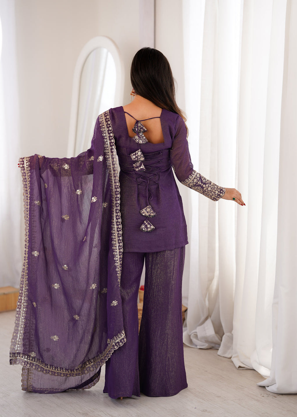 Evanik Purple Crunchy Silk Embroidery Sequins and Zari Work Kurta Pants with Dupatta | Grocsy