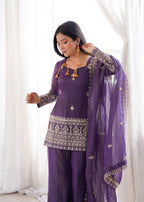 Evanik Purple Crunchy Silk Embroidery Sequins and Zari Work Kurta Pants with Dupatta | Grocsy