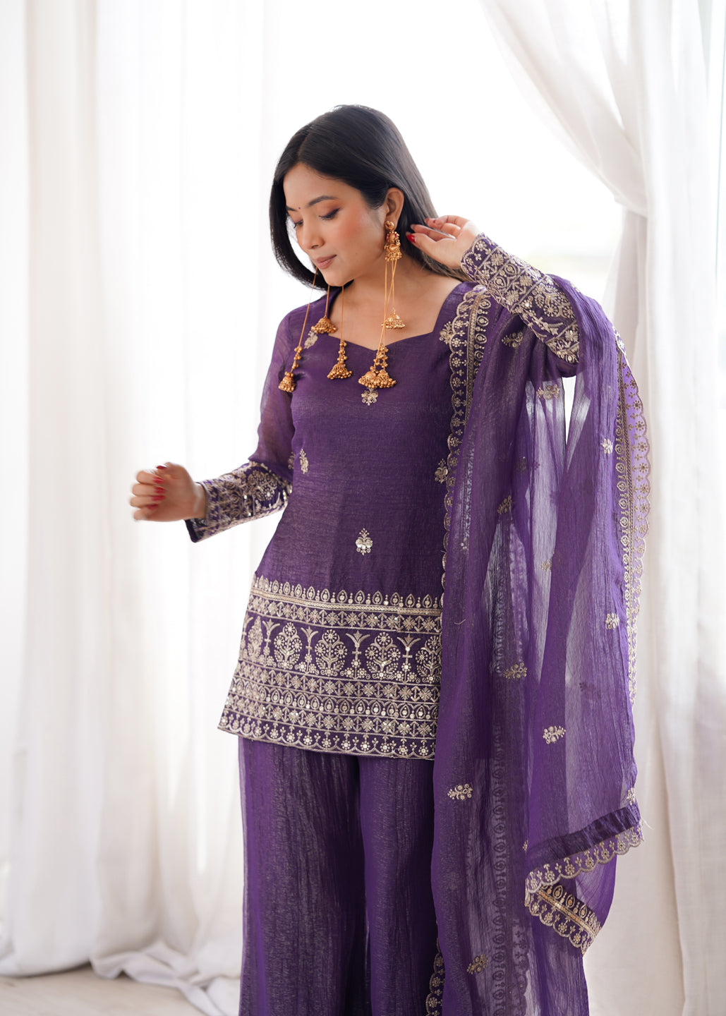 Evanik Purple Crunchy Silk Embroidery Sequins and Zari Work Kurta Pants with Dupatta | Grocsy