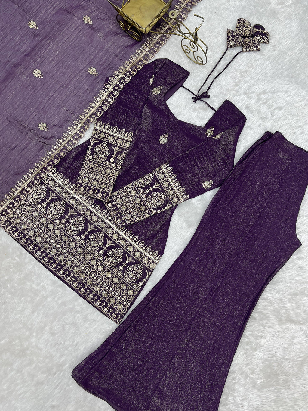 Evanik Purple Crunchy Silk Embroidery Sequins and Zari Work Kurta Pants with Dupatta | Grocsy