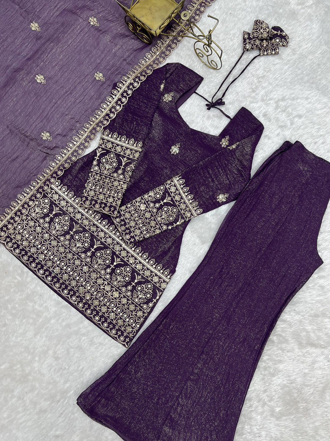 Evanik Purple Crunchy Silk Embroidery Sequins and Zari Work Kurta Pants with Dupatta | Grocsy
