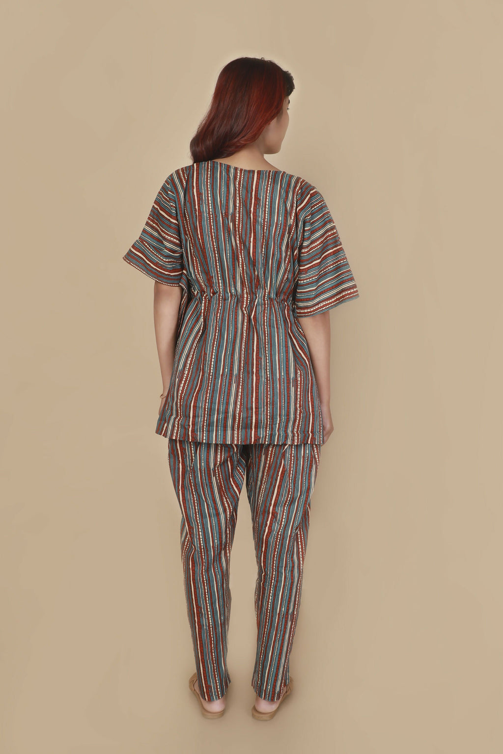 Breathables Women’S Loungewear Kaftan Cotton Aqua Blue Stripes Print Co-Ord Set | Grocsy