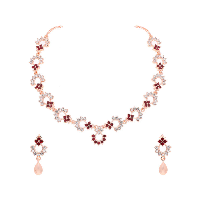 Tehzeeb Creations Gold-Polished Maroon Diamond Necklace With Earrings | Grocsy