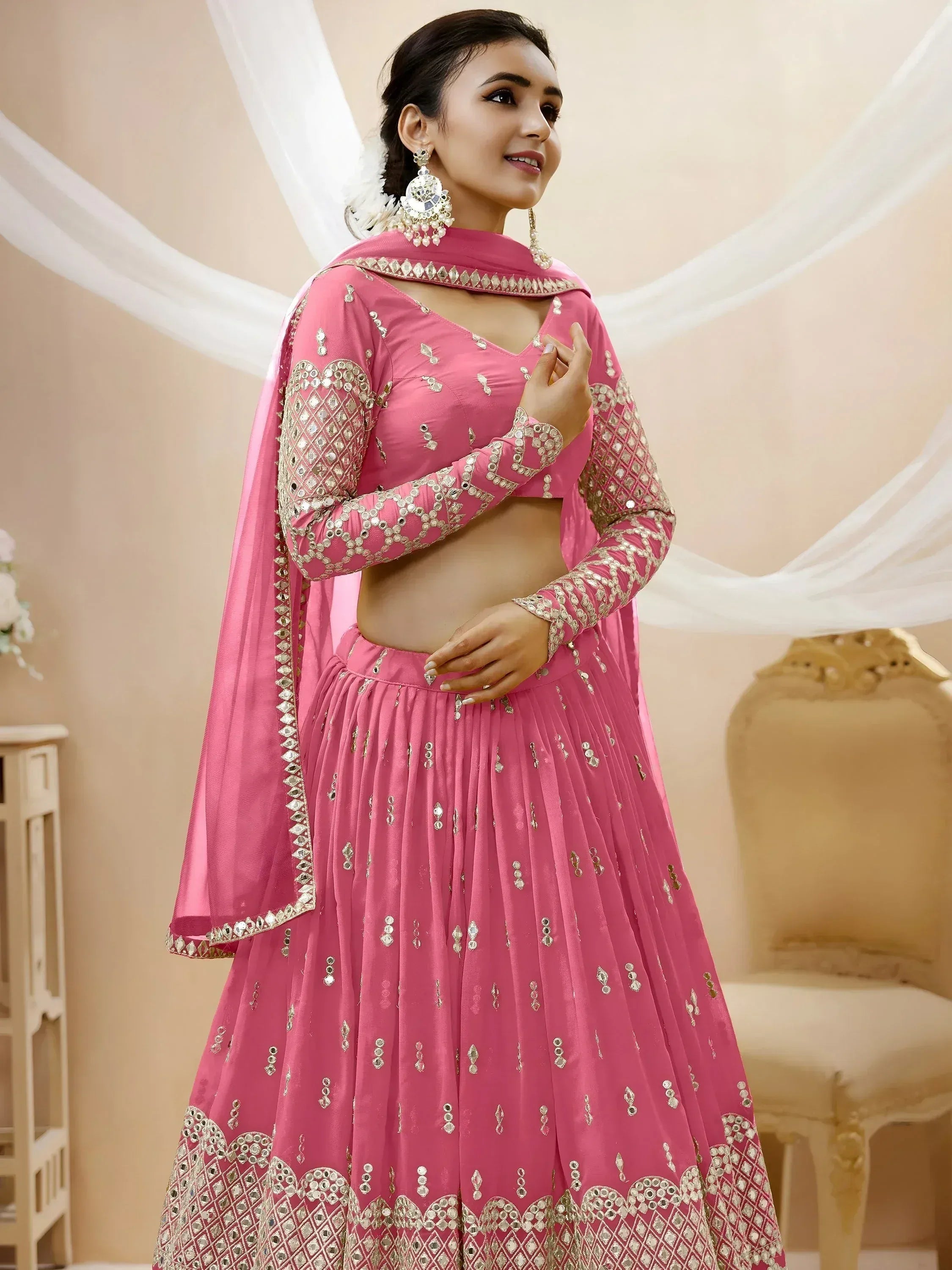 Tulsi Art Glamorous Pink Sequins Georgette Engagement Wear Lehenga Choli | Grocsy
