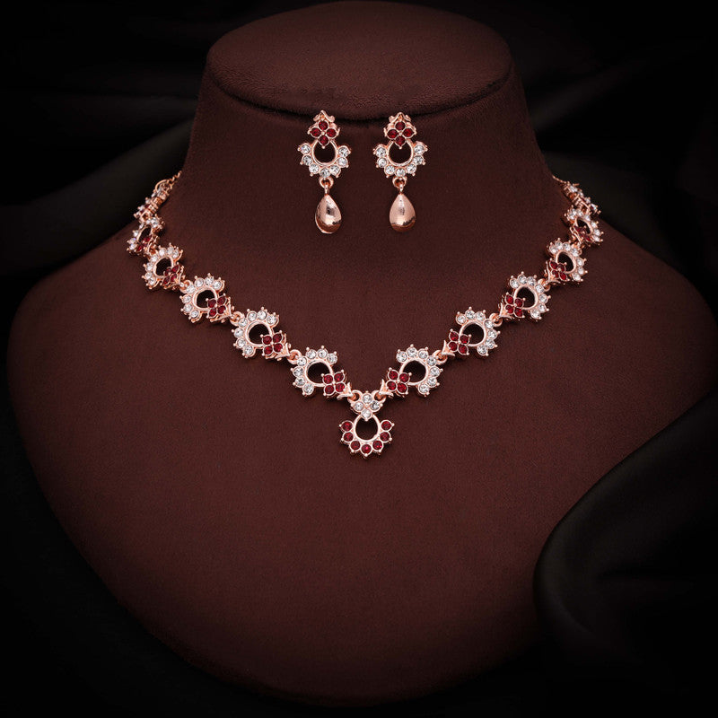 Tehzeeb Creations Gold-Polished Maroon Diamond Necklace With Earrings | Grocsy