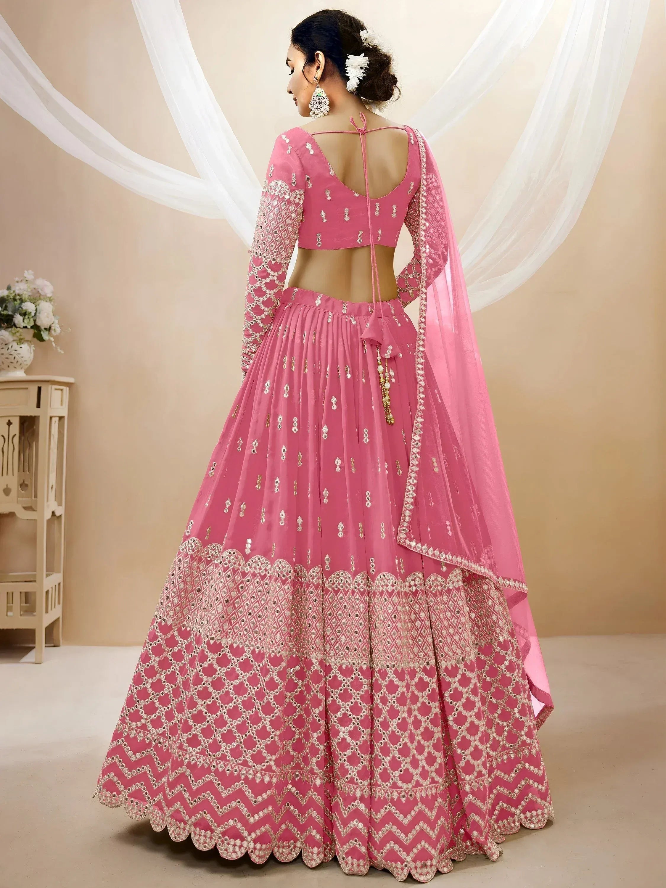 Tulsi Art Glamorous Pink Sequins Georgette Engagement Wear Lehenga Choli | Grocsy
