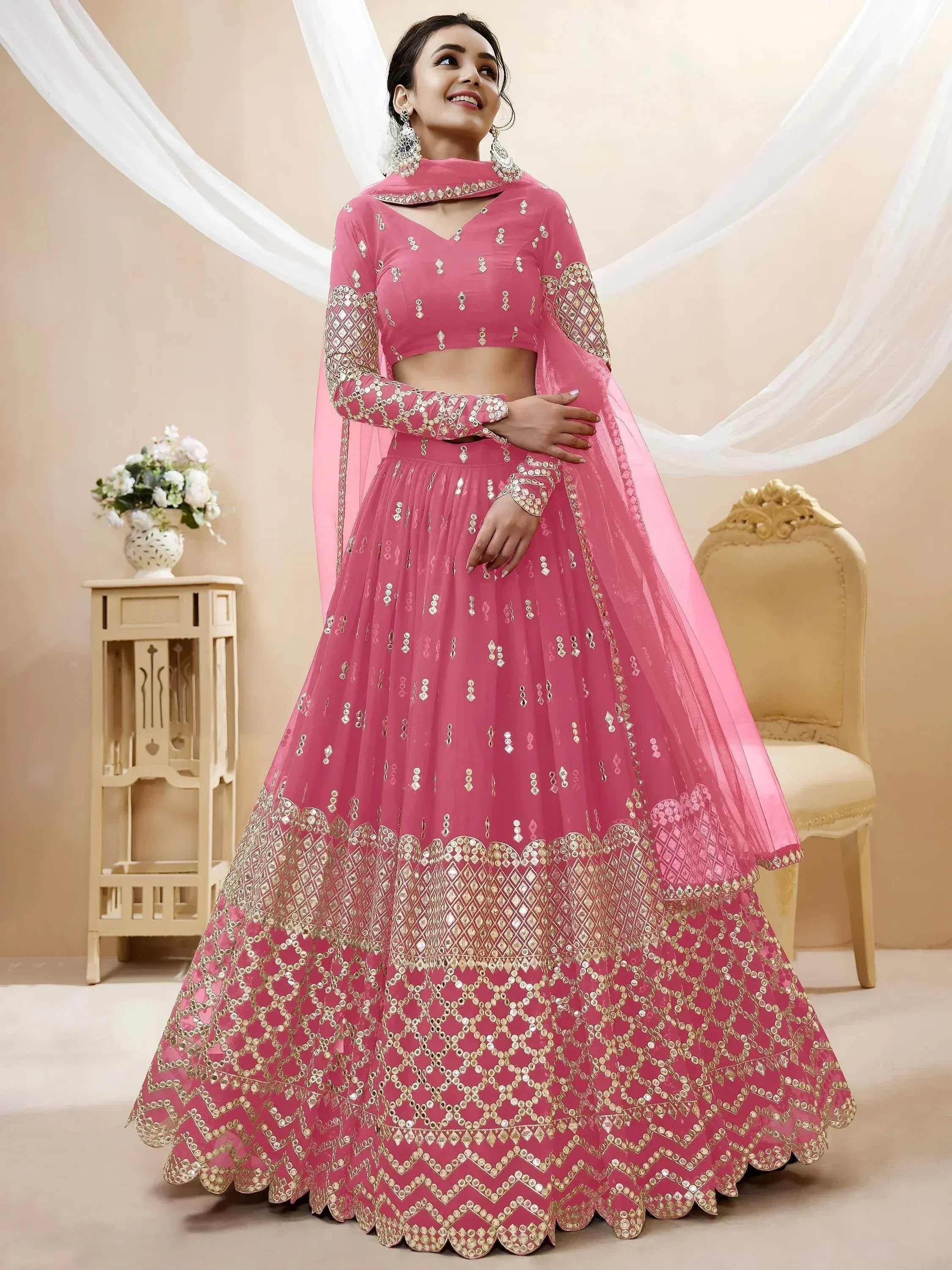 Tulsi Art Glamorous Pink Sequins Georgette Engagement Wear Lehenga Choli | Grocsy