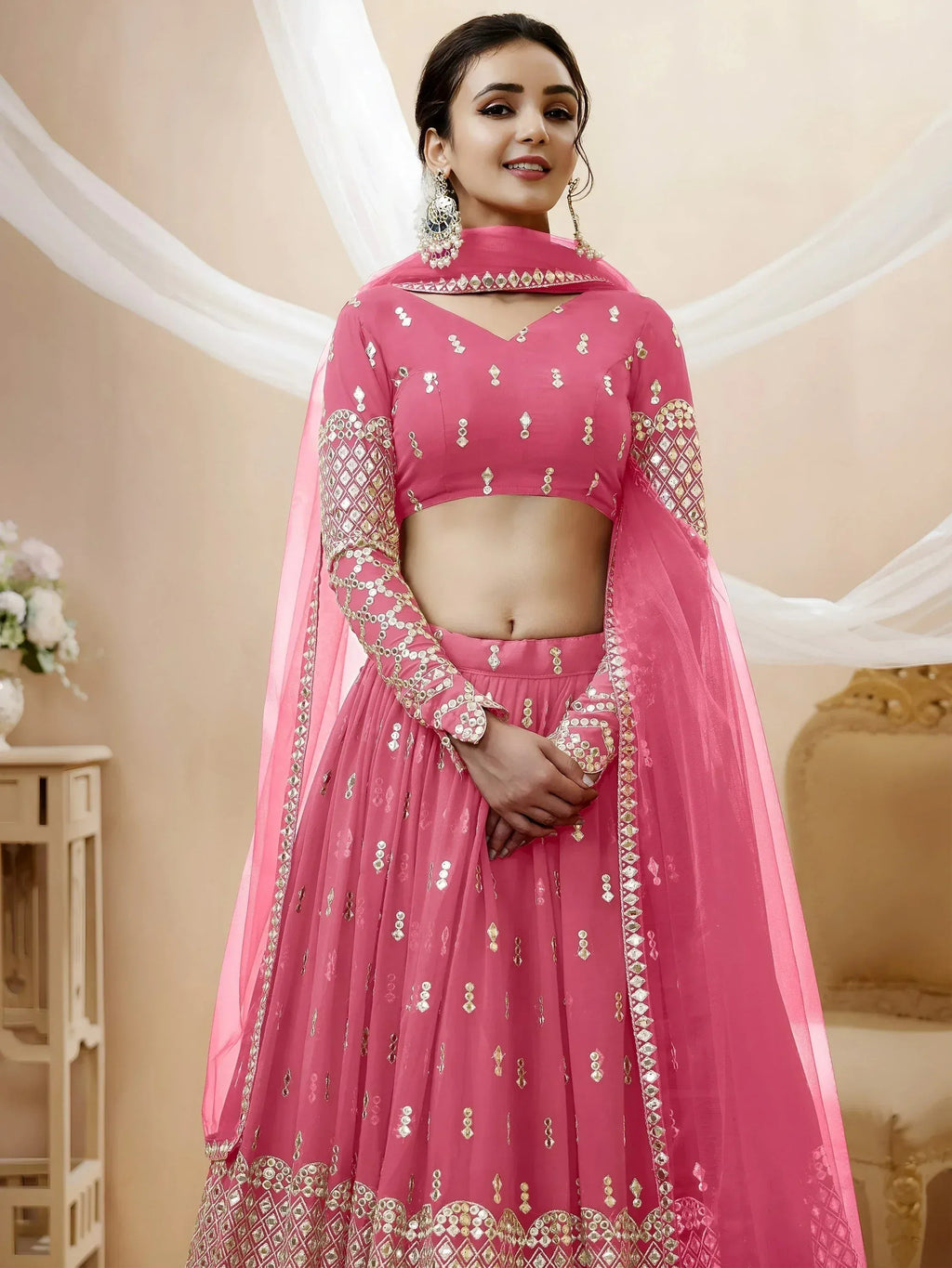 Tulsi Art Glamorous Pink Sequins Georgette Engagement Wear Lehenga Choli | Grocsy