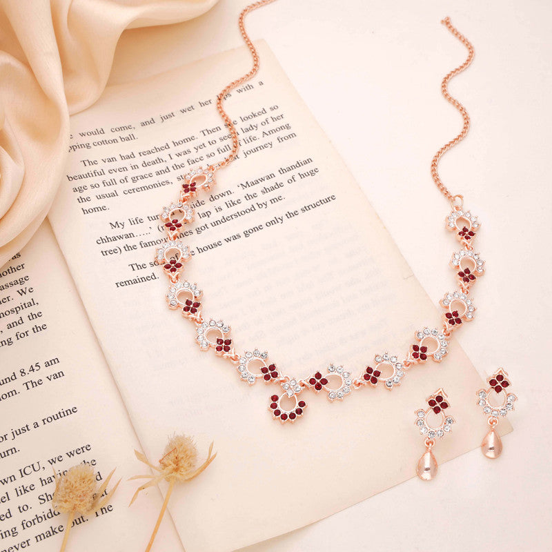 Tehzeeb Creations Gold-Polished Maroon Diamond Necklace With Earrings | Grocsy