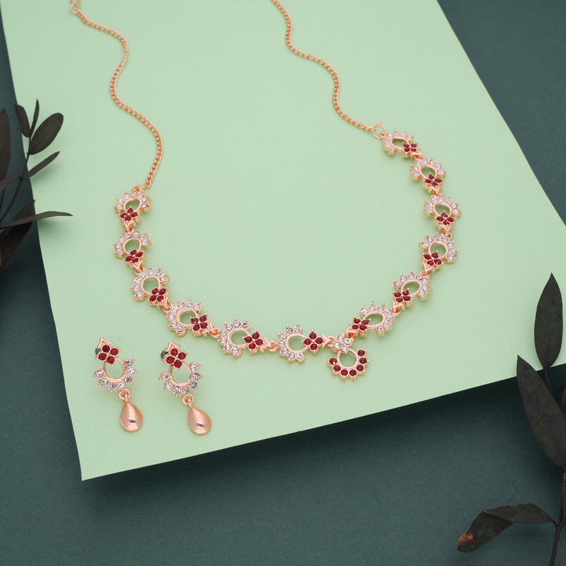 Tehzeeb Creations Gold-Polished Maroon Diamond Necklace With Earrings | Grocsy