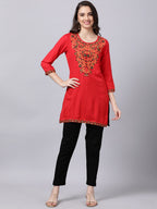 Souchii Women Red Yoke Design Thread Work Grandeur & Majestic Artwork Kurta | Grocsy
