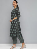 HERE&NOW Women Black & Green Printed Pure Cotton Kurta with Trousers | Grocsy