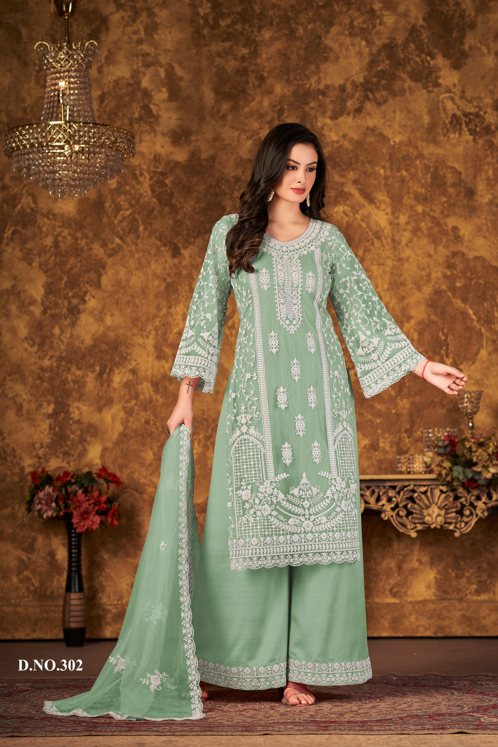 Anaita Light Green Embroidered Net Plazzo Suit | Grocsy