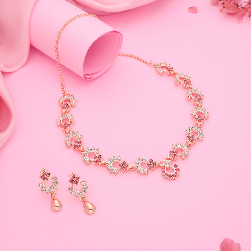 Tehzeeb Creations Gold-Polished Pink Diamond Necklace With Earrings - Swadesiicart