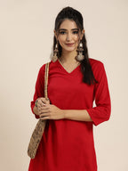 Sangria Women Red Solid Pure Cotton Gotta Patti Kurta with Abstract Print Trousers | Grocsy