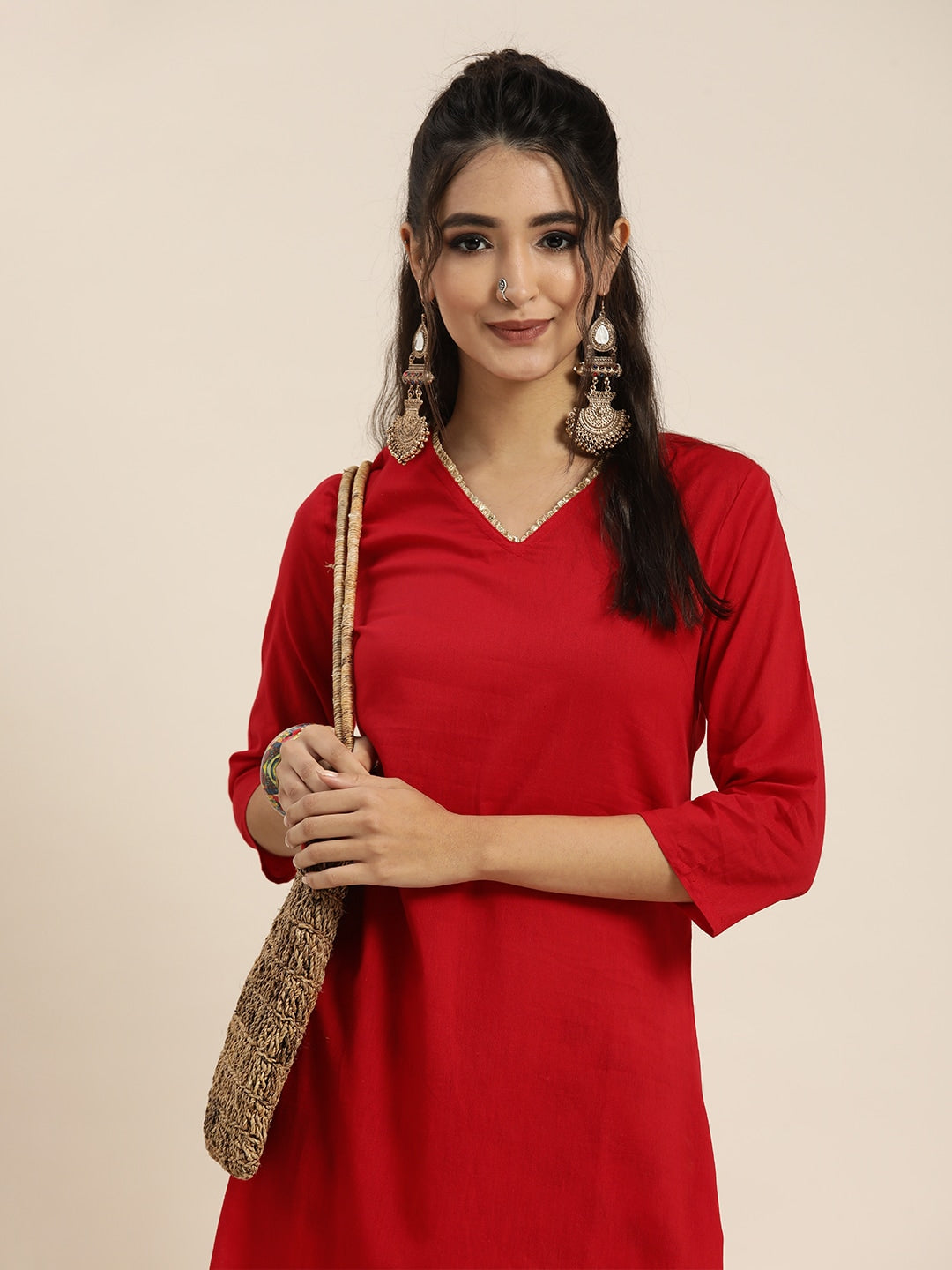 Sangria Women Red Solid Pure Cotton Gotta Patti Kurta with Abstract Print Trousers | Grocsy