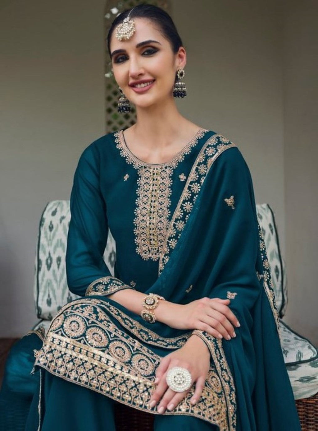 Anaita Teal Blue Faux Georgette Suit With Embroidery & Sequence Work | Grocsy