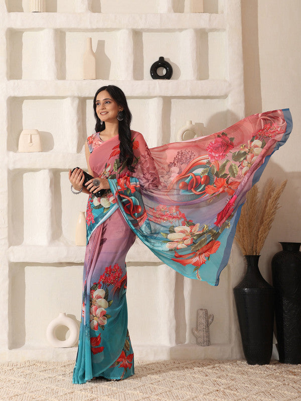 Shivam Fabrics Pink Georgette Fabric Printed Saree | Grocsy