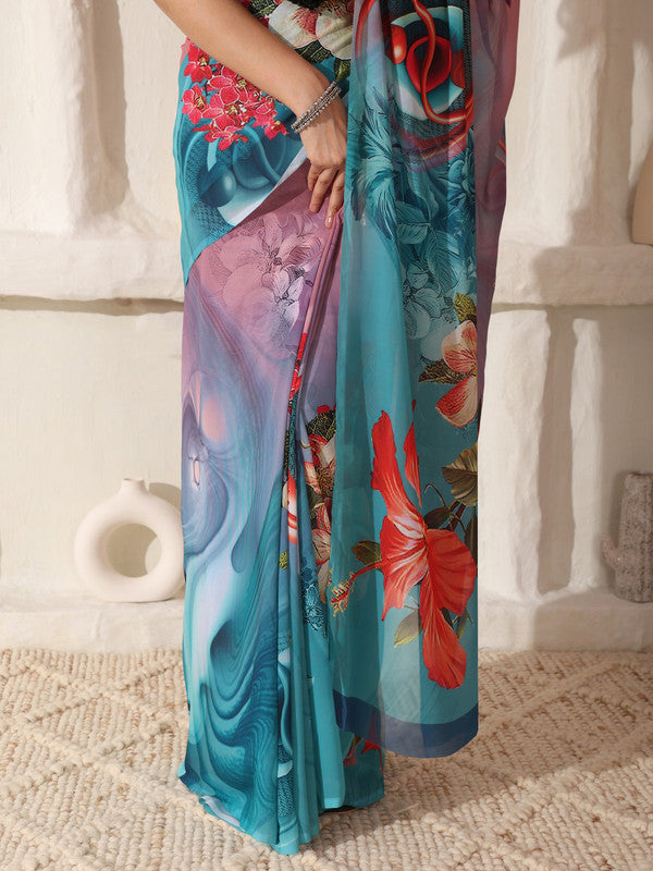 Shivam Fabrics Pink Georgette Fabric Printed Saree | Grocsy
