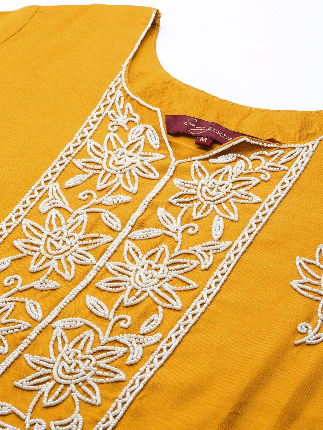 Sangria Women Mustard Yellow & White Embellished Beaded Kurta with Trousers & Dupatta | Grocsy