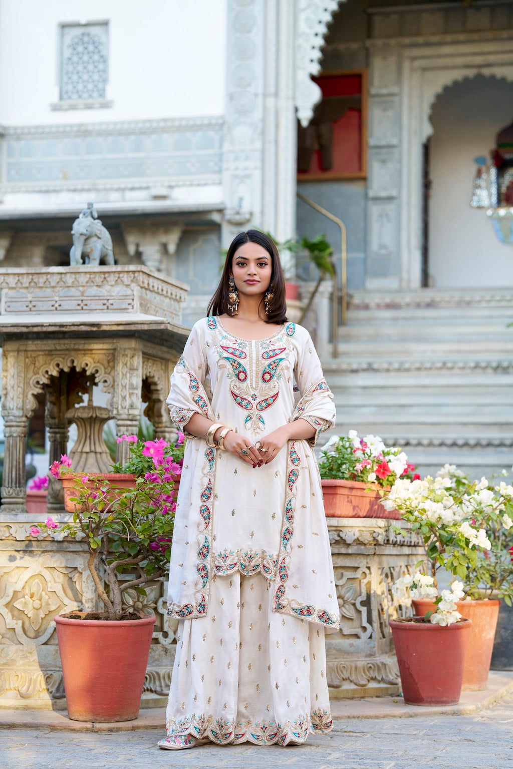 Lorenvalley Vichitra Silk Sequins and Thread Embroidery Work Palazzo Set | Grocsy