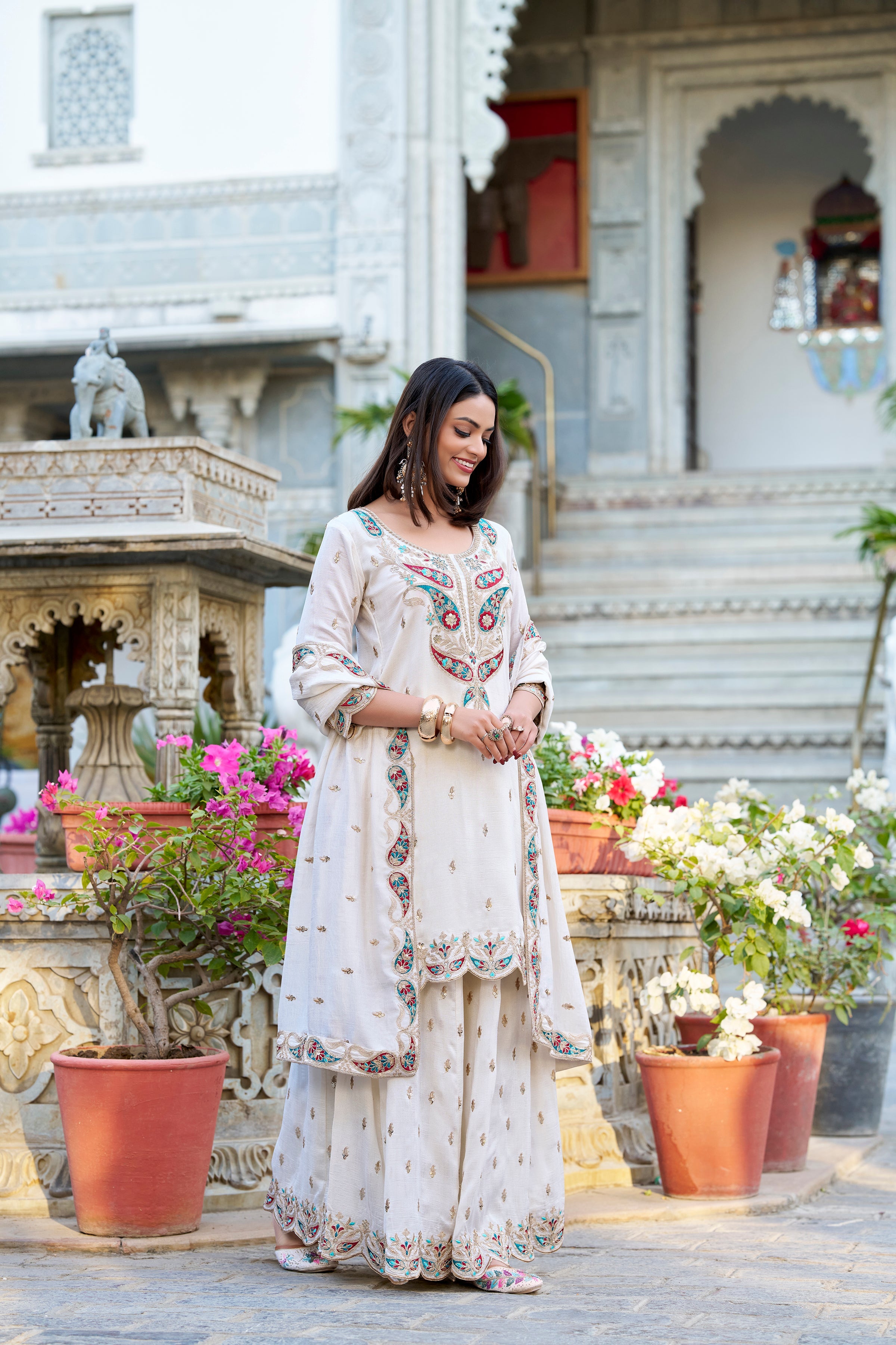 Lorenvalley Vichitra Silk Sequins and Thread Embroidery Work Palazzo Set | Grocsy