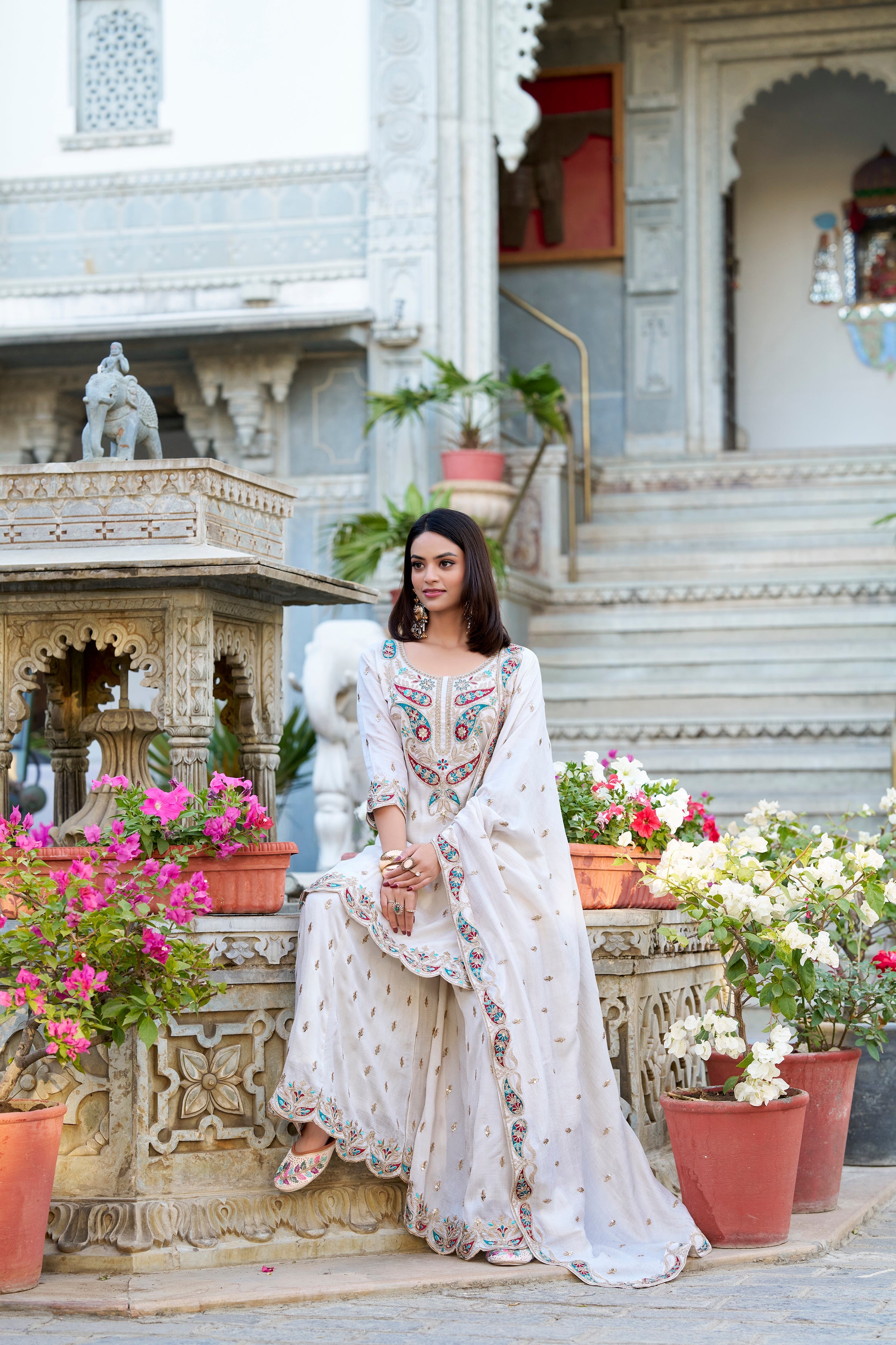 Lorenvalley Vichitra Silk Sequins and Thread Embroidery Work Palazzo Set | Grocsy